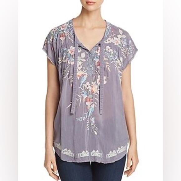 Johnny Was Dreaming Embroidered Tie-front Blouse in Gray Women's XS - Picture 7 of 7